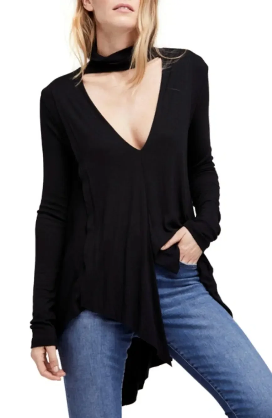 Free People Black Long Sleeve Cut-Out Neckline Uptown Turtleneck Size XS